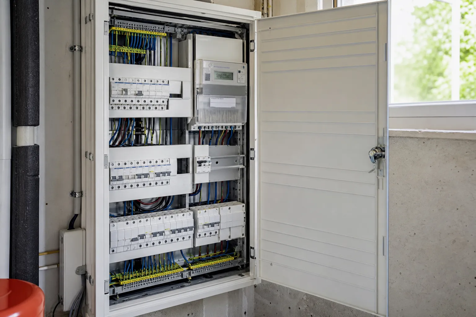 Armoire électrique avec compteur de production et câblage propre, vue intérieure