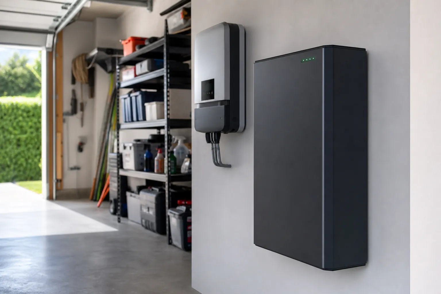 Batterie de stockage domestique installée dans un garage, rangée