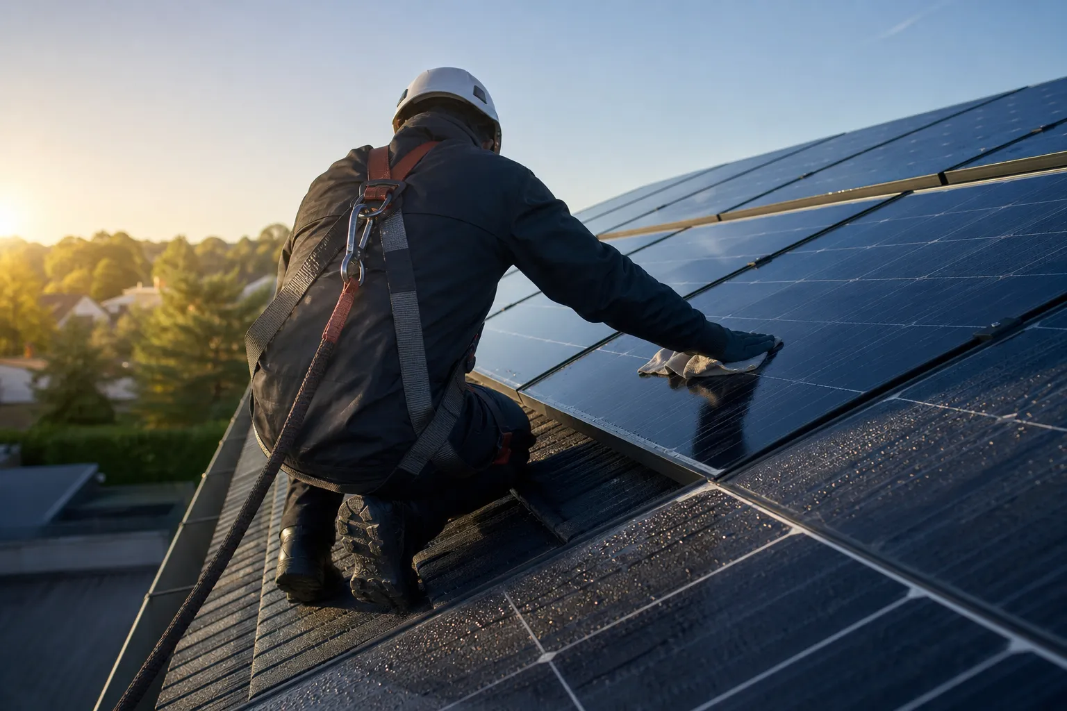 Technicien inspectant une rangée de panneaux solaires en toiture, vue de dos