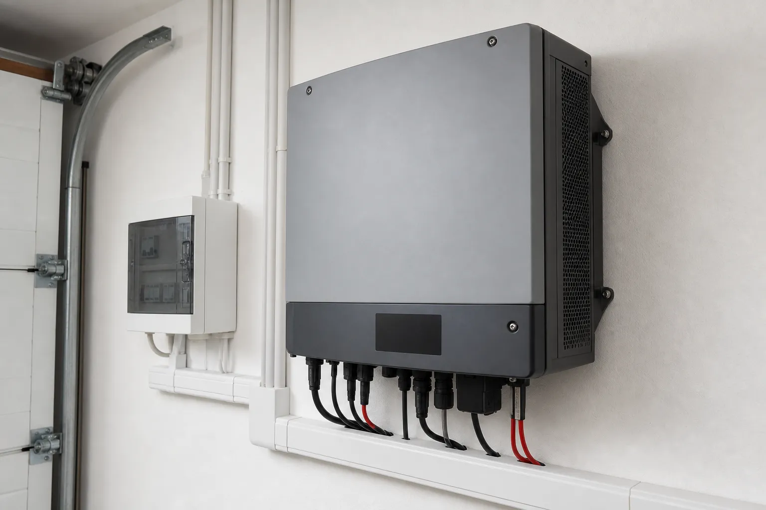 Onduleur solaire installé sur un mur de local technique, câblage rangé