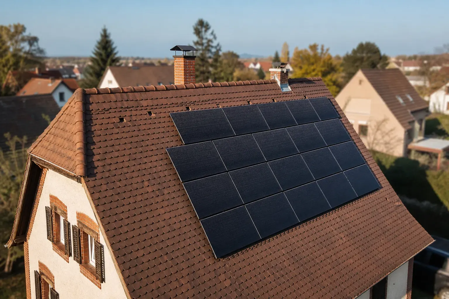 Panneaux photovoltaïques posés sur une toiture alsacienne à tuiles plates, vue oblique